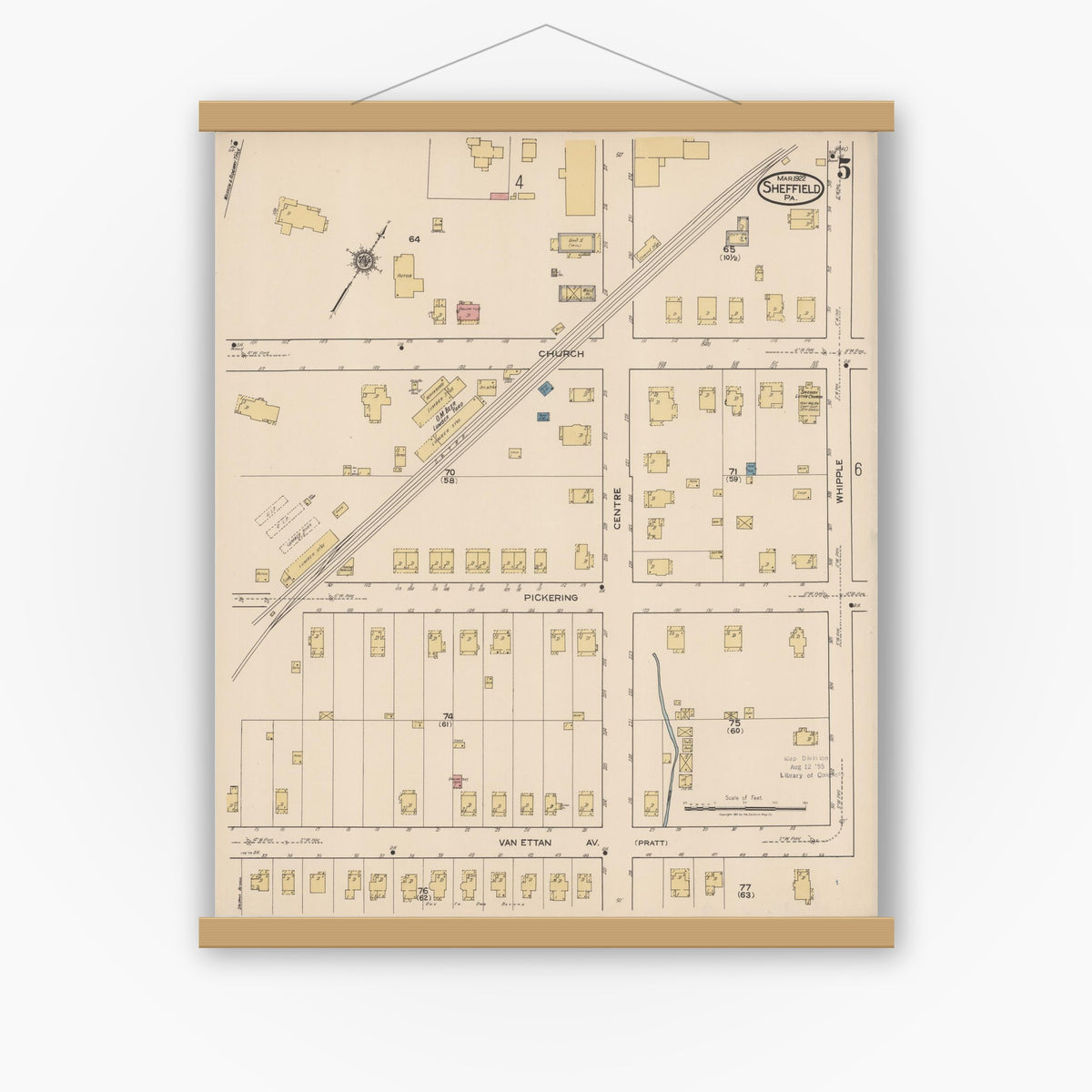 Old map wall art mockup — magnetic wood frame on white wall — Sanborn Fire Insurance Map from Sheffield, Warren County, Pennsylvania (1922), Sheet #0005