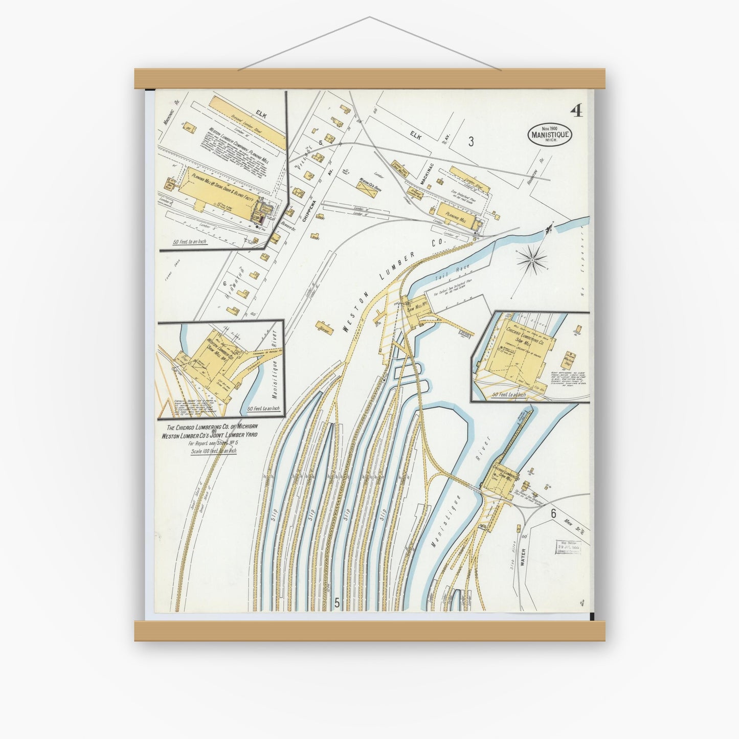 Old map wall art mockup — magnetic wood frame on white wall — Sanborn Fire Insurance Map from Manistique, Schoolcraft County, Michigan (1900), Sheet #0004