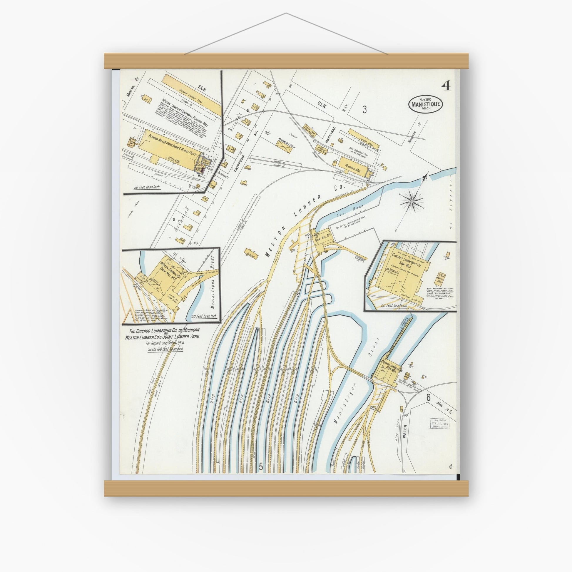 Old map wall art mockup — magnetic wood frame on white wall — Sanborn Fire Insurance Map from Manistique, Schoolcraft County, Michigan (1900), Sheet #0004