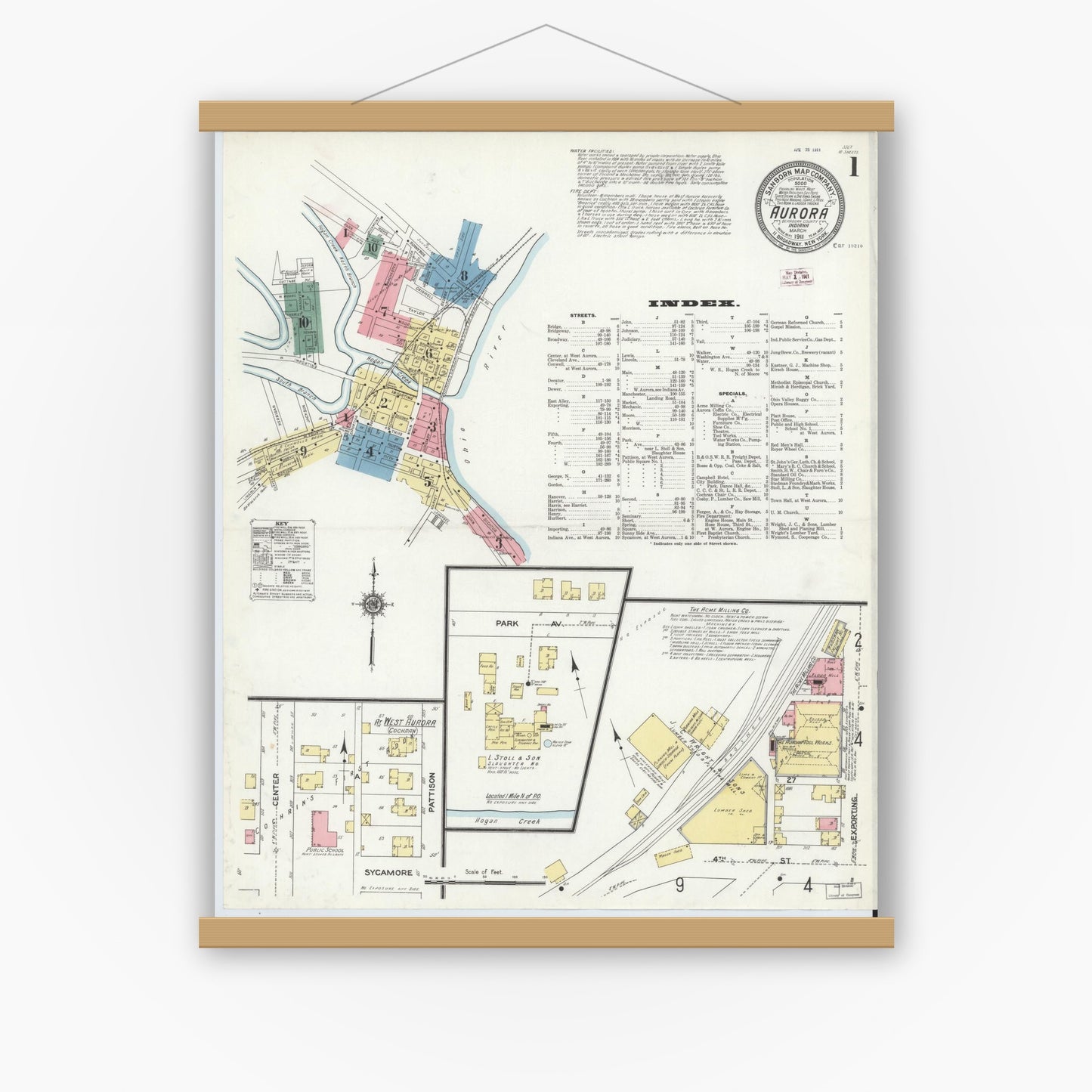Old map wall art mockup — magnetic wood frame on white wall — Sanborn Fire Insurance Map from Aurora, Dearborn County, Indiana (1911), Sheet #0001
