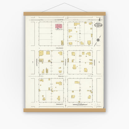 Old map wall art mockup — magnetic wood frame on white wall — Sanborn Fire Insurance Map from La Grange, Fayette County, Texas (1921), Sheet #0004