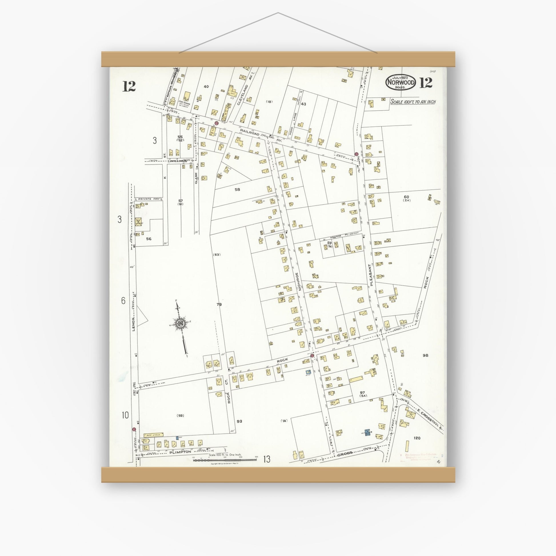 Old map wall art mockup — magnetic wood frame on white wall — Sanborn Fire Insurance Map from Norwood, Norfolk County, Massachusetts (1923), Sheet #0012