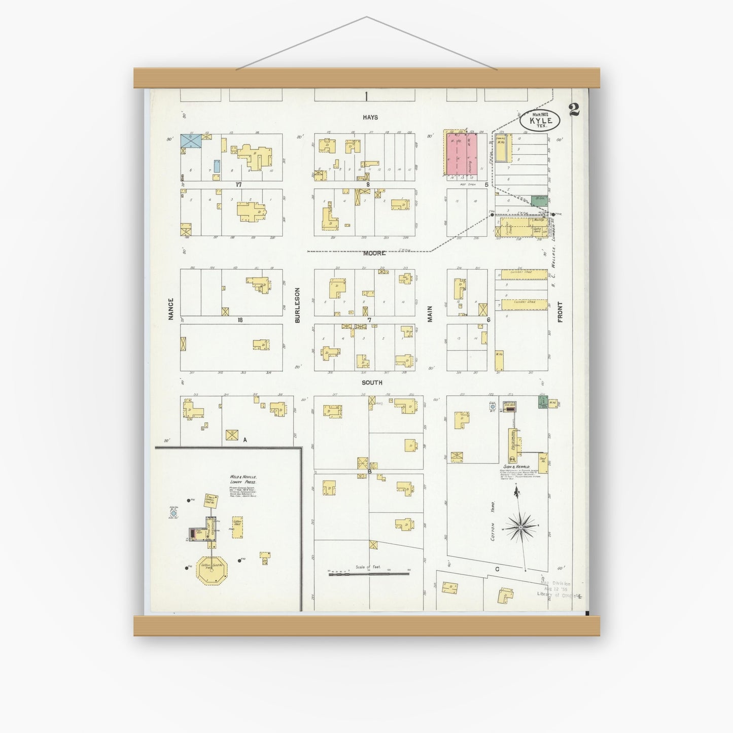 Old map wall art mockup — magnetic wood frame on white wall — Sanborn Fire Insurance Map from Kyle, Hays County, Texas (1902), Sheet #0002