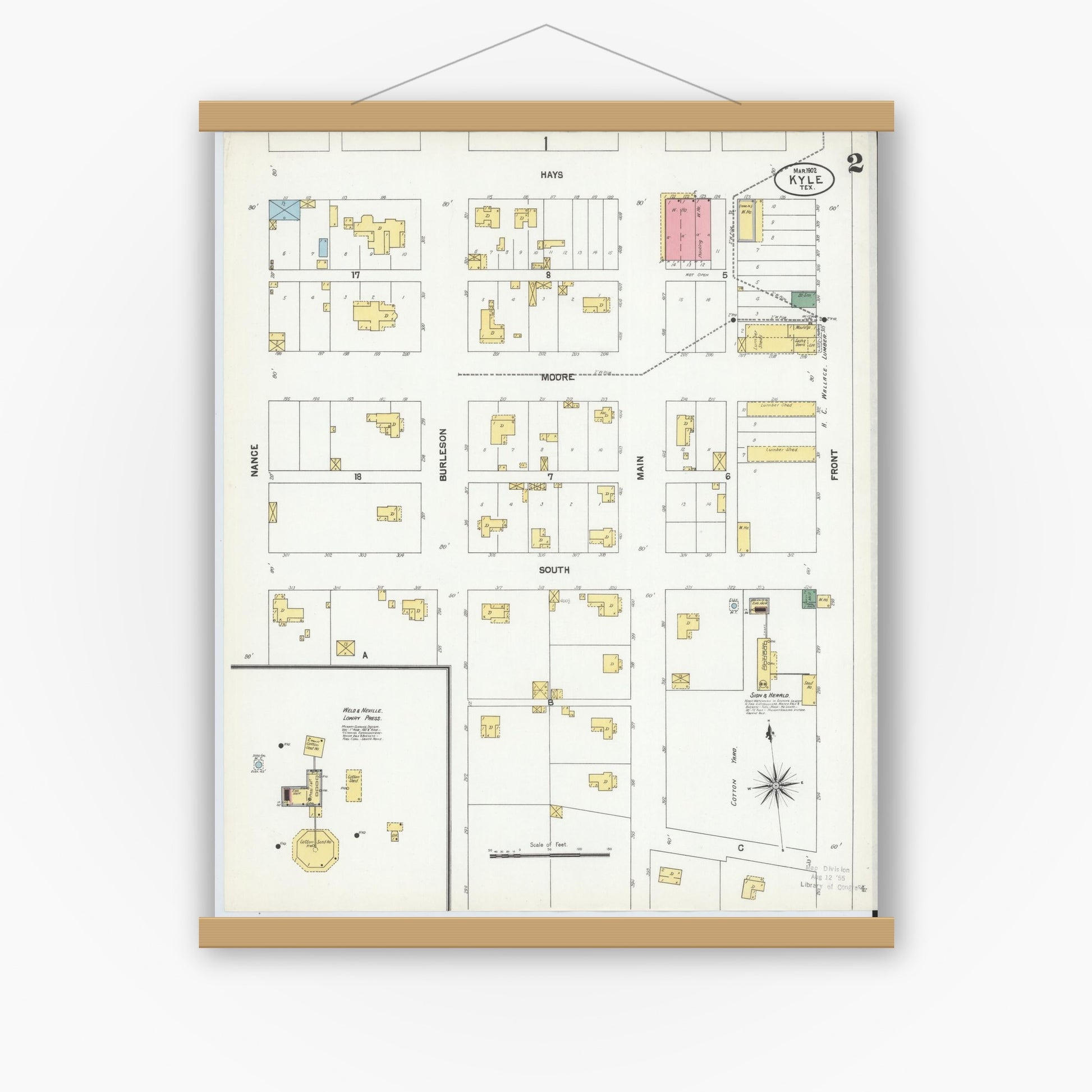 Old map wall art mockup — magnetic wood frame on white wall — Sanborn Fire Insurance Map from Kyle, Hays County, Texas (1902), Sheet #0002
