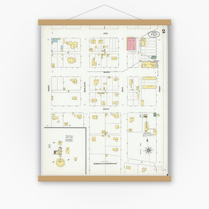 Old map wall art mockup — magnetic wood frame on white wall — Sanborn Fire Insurance Map from Kyle, Hays County, Texas (1902), Sheet #0002