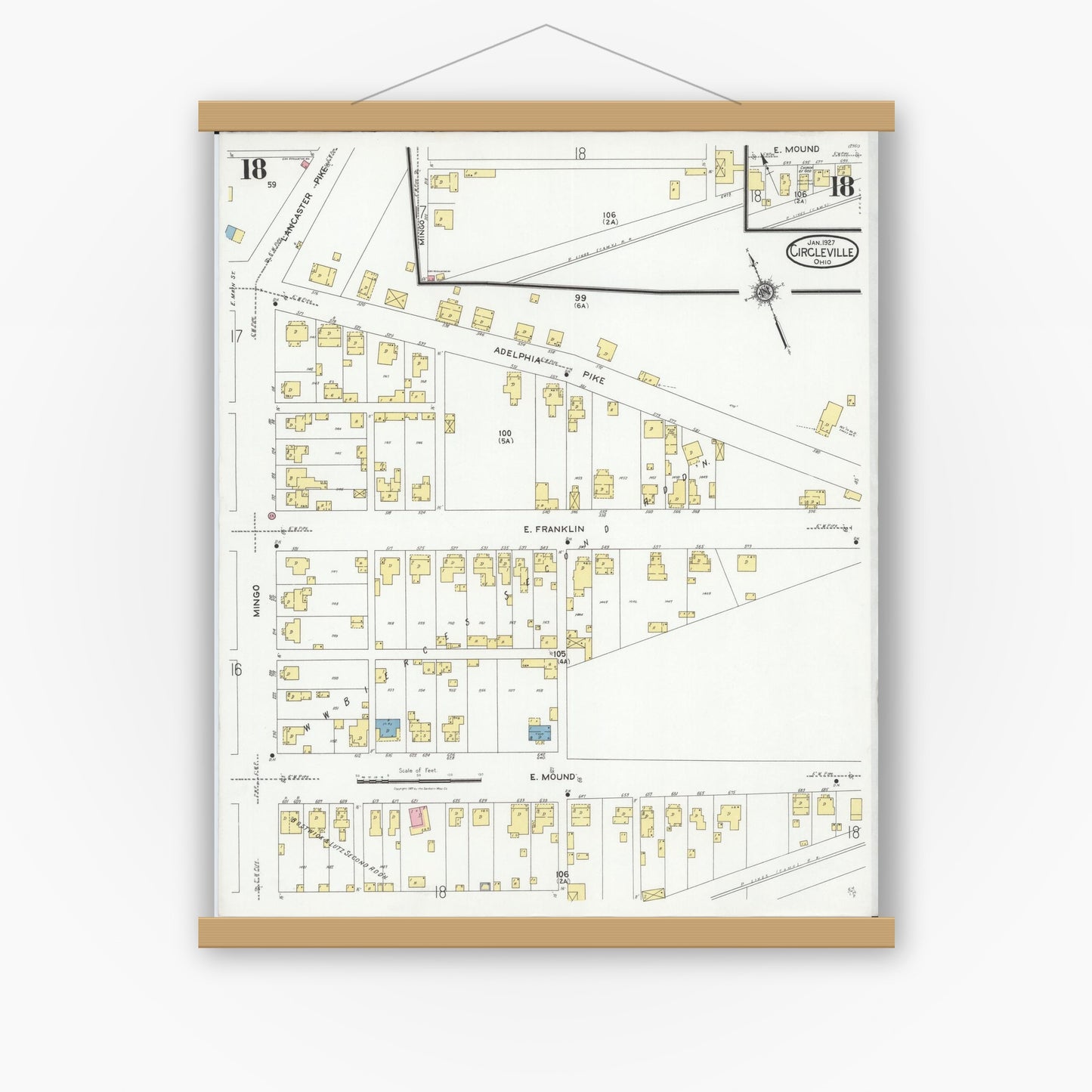 Old map wall art mockup — magnetic wood frame on white wall — Sanborn Fire Insurance Map from Circleville, Pickaway County, Ohio (1927), Sheet #0018