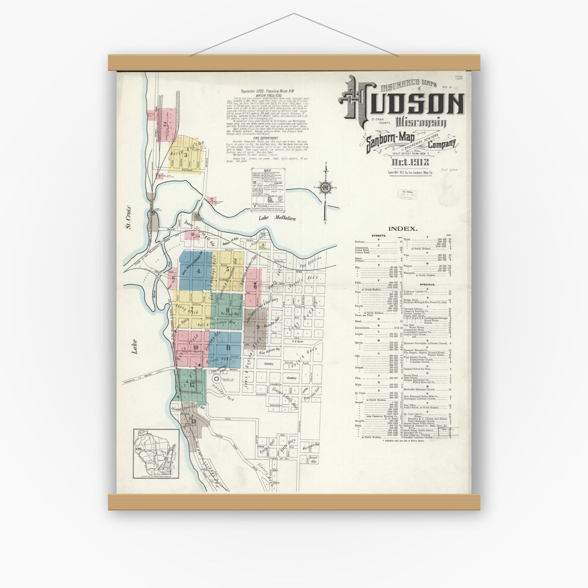 Old map wall art mockup — magnetic wood frame on white wall — Sanborn Fire Insurance Map from Hudson, St. Croix County, Wisconsin (1912), Sheet #0001
