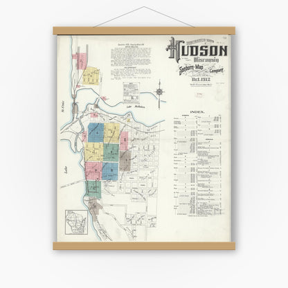 Old map wall art mockup — magnetic wood frame on white wall — Sanborn Fire Insurance Map from Hudson, St. Croix County, Wisconsin (1912), Sheet #0001