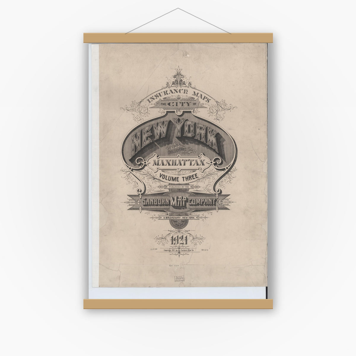 Old map wall art mockup — magnetic wood frame on white wall — Sanborn Fire Insurance Map from New York, Bronx, Manhattan, New York (1921), Sheet #0001