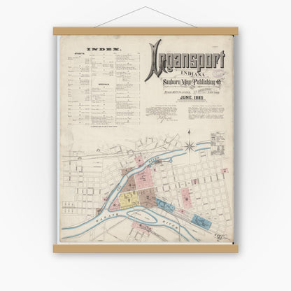 Old map wall art mockup — magnetic wood frame on white wall — Sanborn Fire Insurance Map from Logansport, Cass County, Indiana (1885) - Complete Map Set