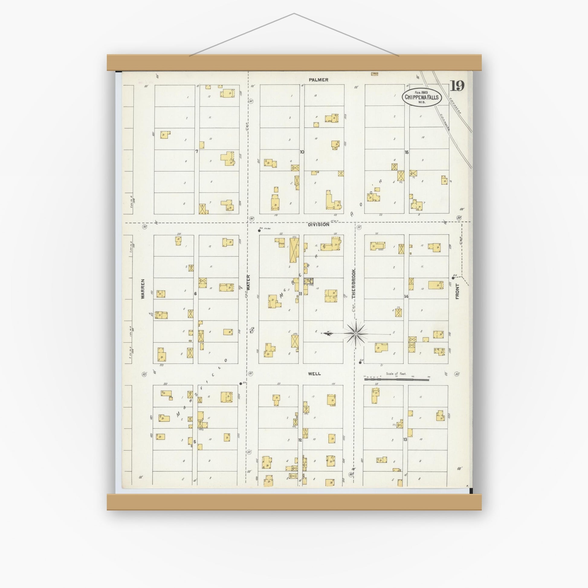 Old map wall art mockup — magnetic wood frame on white wall — Sanborn Fire Insurance Map from Chippewa Falls, Chippewa County, Wisconsin (1903), Sheet #0019