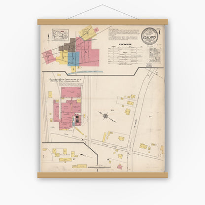 Old map wall art mockup — magnetic wood frame on white wall — Sanborn Fire Insurance Map from Elkland, Tioga County, Pennsylvania (1922), Sheet #0001