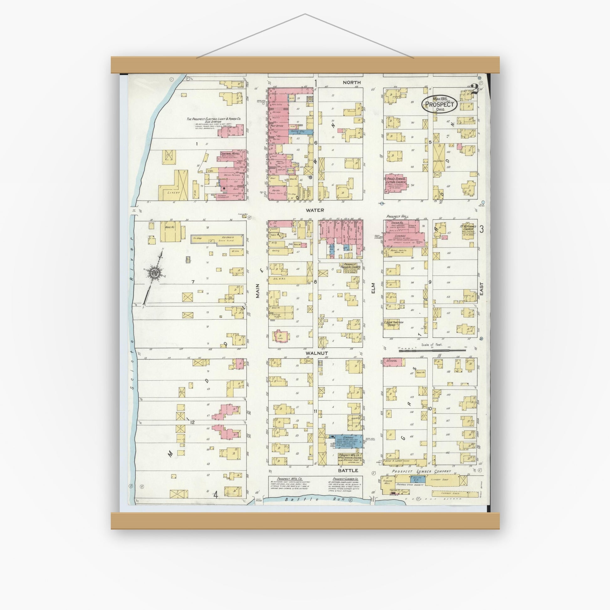 Old map wall art mockup — magnetic wood frame on white wall — Sanborn Fire Insurance Map from Prospect, Marion County, Ohio (1916), Sheet #0002