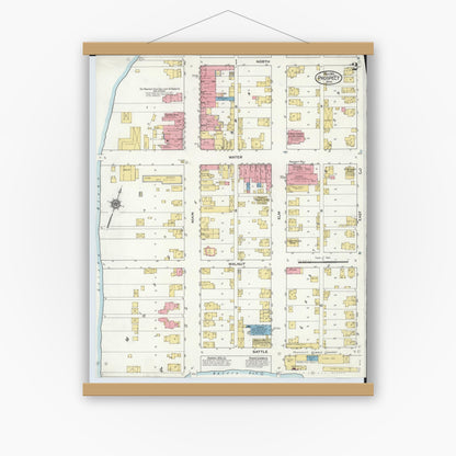 Old map wall art mockup — magnetic wood frame on white wall — Sanborn Fire Insurance Map from Prospect, Marion County, Ohio (1916), Sheet #0002