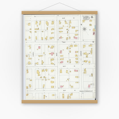 Old map wall art mockup — magnetic wood frame on white wall — Sanborn Fire Insurance Map from Monroe, Monroe County, Michigan (1899), Sheet #0008