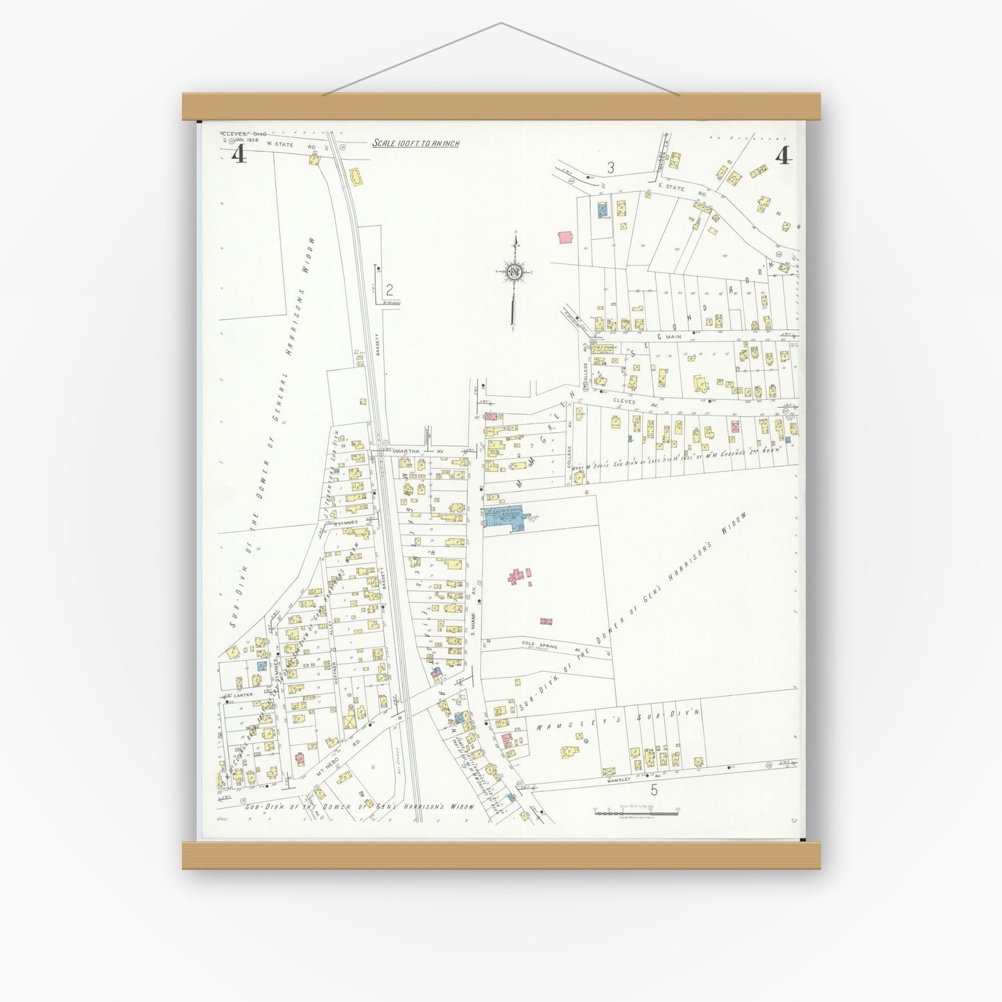 Old map wall art mockup — magnetic wood frame on white wall — Sanborn Fire Insurance Map from Cleves, Hamilton County, Ohio (1938), Sheet #0004