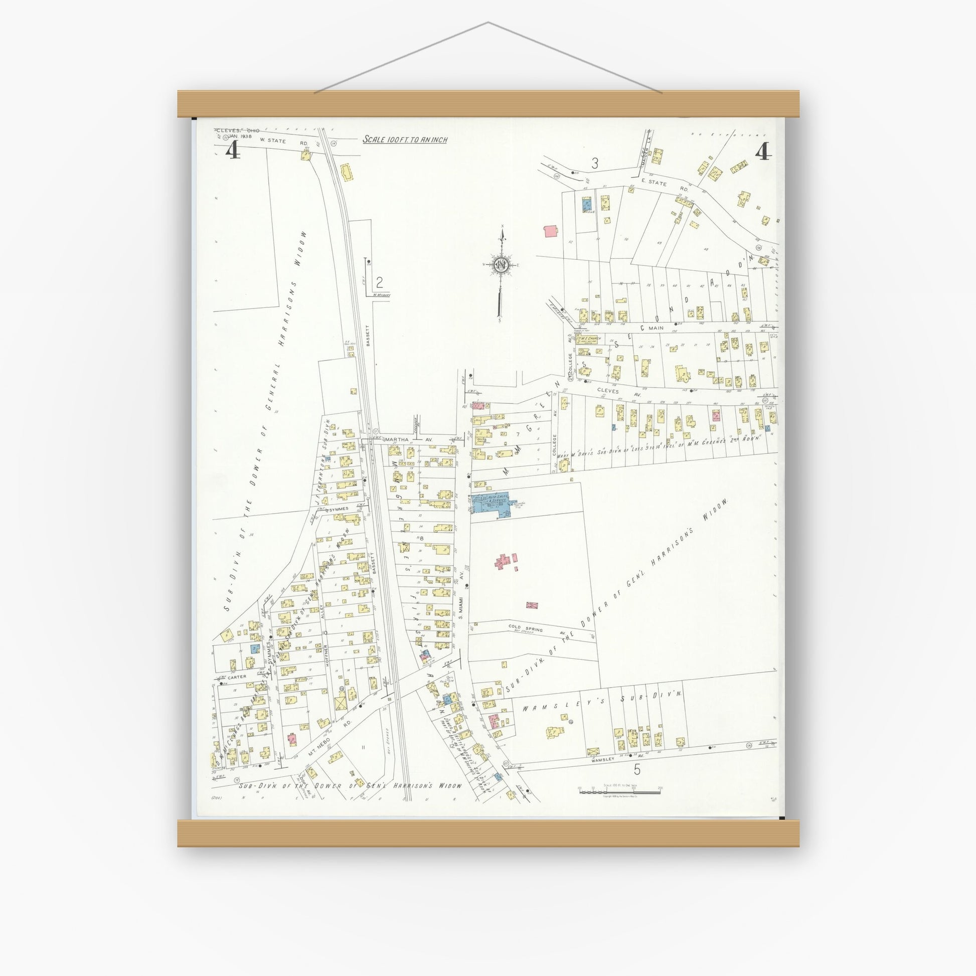 Old map wall art mockup — magnetic wood frame on white wall — Sanborn Fire Insurance Map from Cleves, Hamilton County, Ohio (1938), Sheet #0004