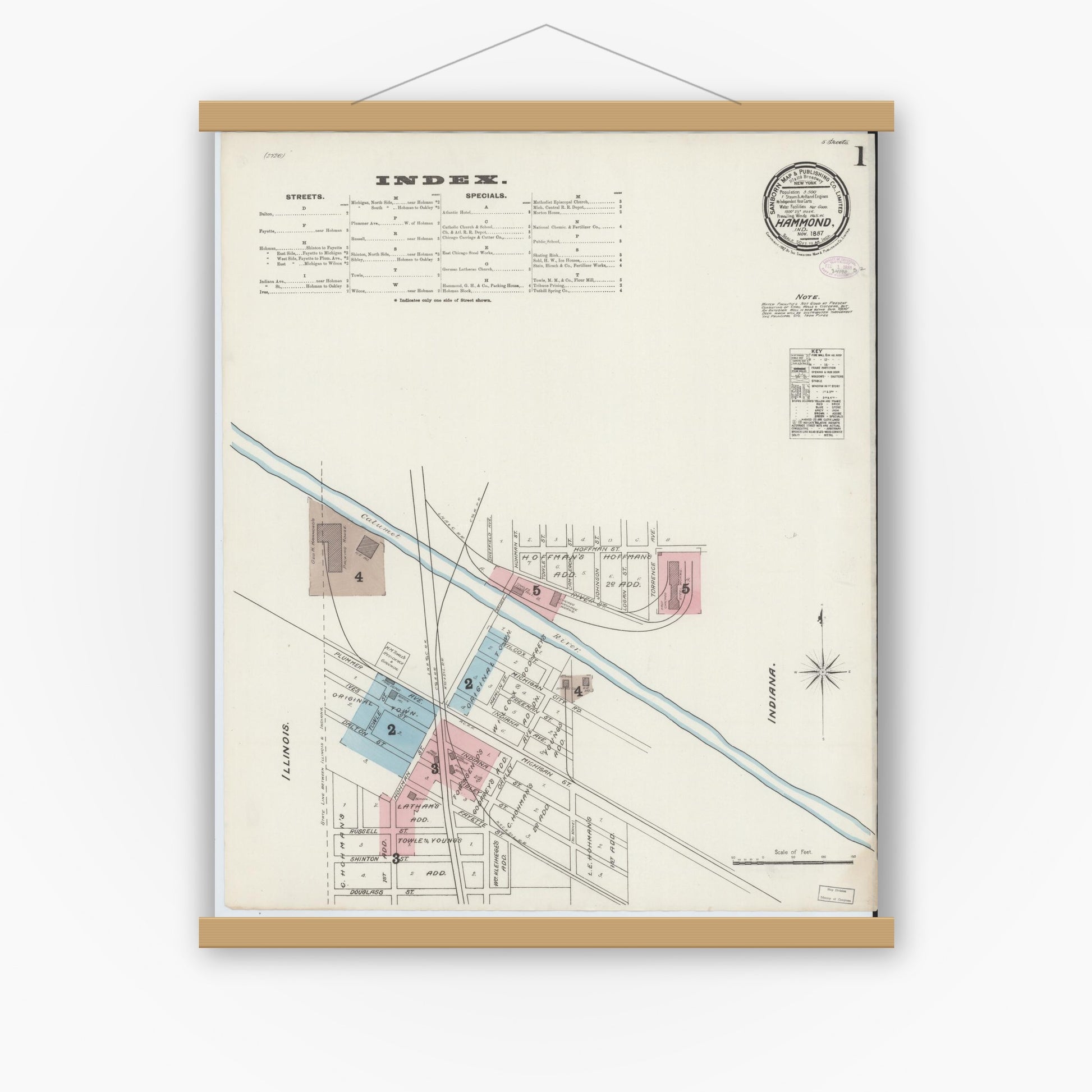 Old map wall art mockup — magnetic wood frame on white wall — Sanborn Fire Insurance Map from Hammond, Lake County, Indiana (1887) - Complete Map Set