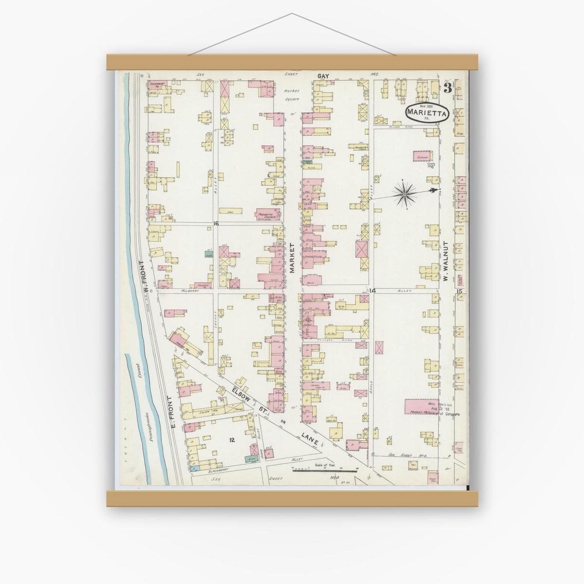 Old map wall art mockup — magnetic wood frame on white wall — Sanborn Fire Insurance Map from Marietta, Lancaster County, Pennsylvania (1891), Sheet #0003