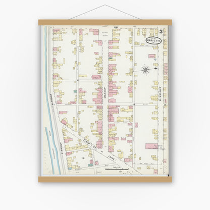 Old map wall art mockup — magnetic wood frame on white wall — Sanborn Fire Insurance Map from Marietta, Lancaster County, Pennsylvania (1891), Sheet #0003