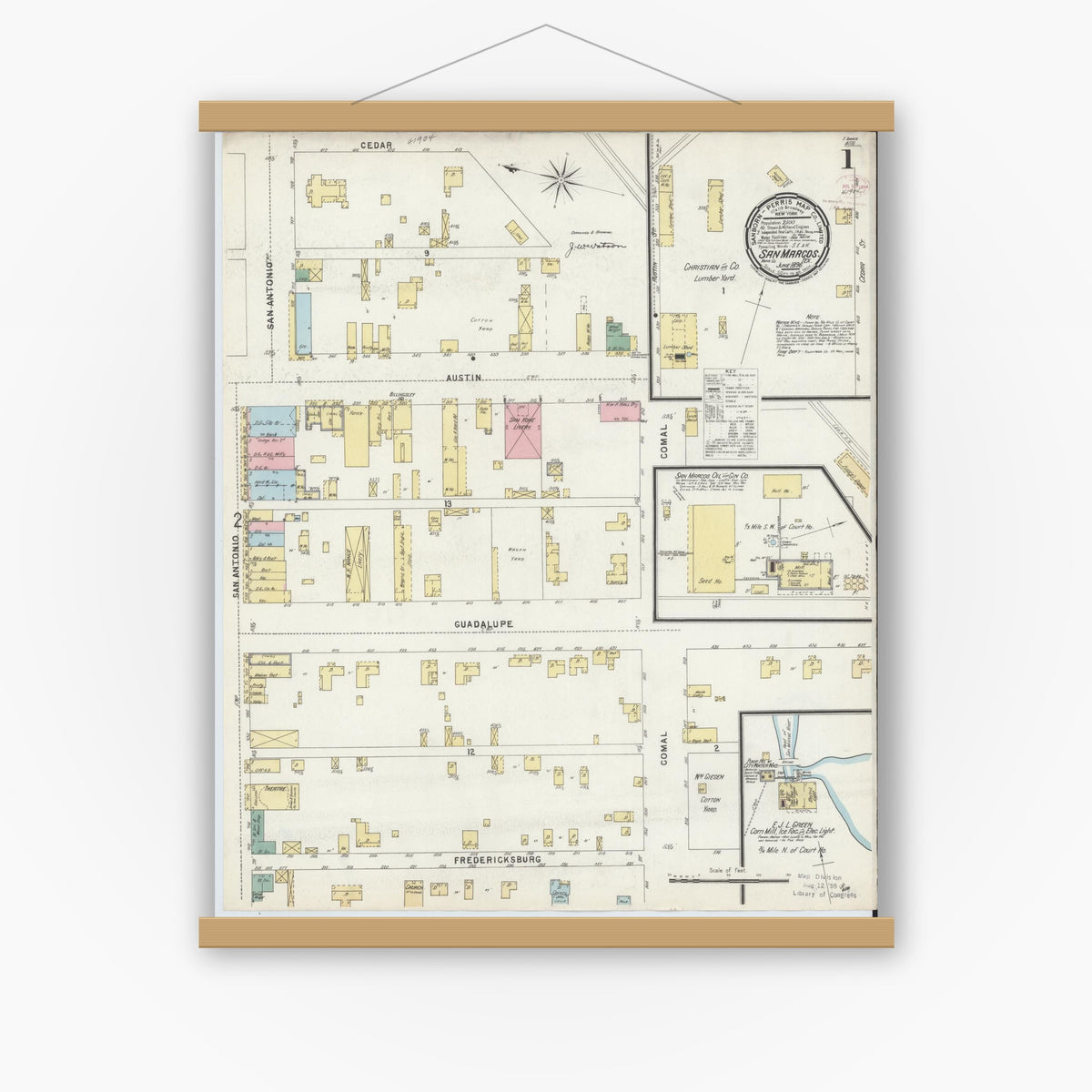 Old map wall art mockup — magnetic wood frame on white wall — Sanborn Fire Insurance Map from San Marcos, Hays County, Texas (1896) - Complete Map Set