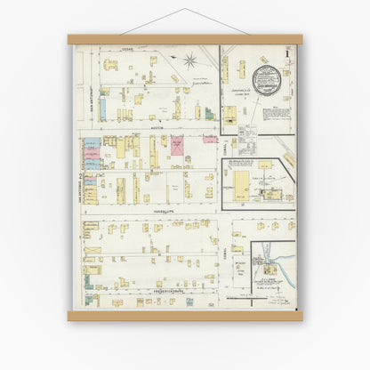 Old map wall art mockup — magnetic wood frame on white wall — Sanborn Fire Insurance Map from San Marcos, Hays County, Texas (1896) - Complete Map Set