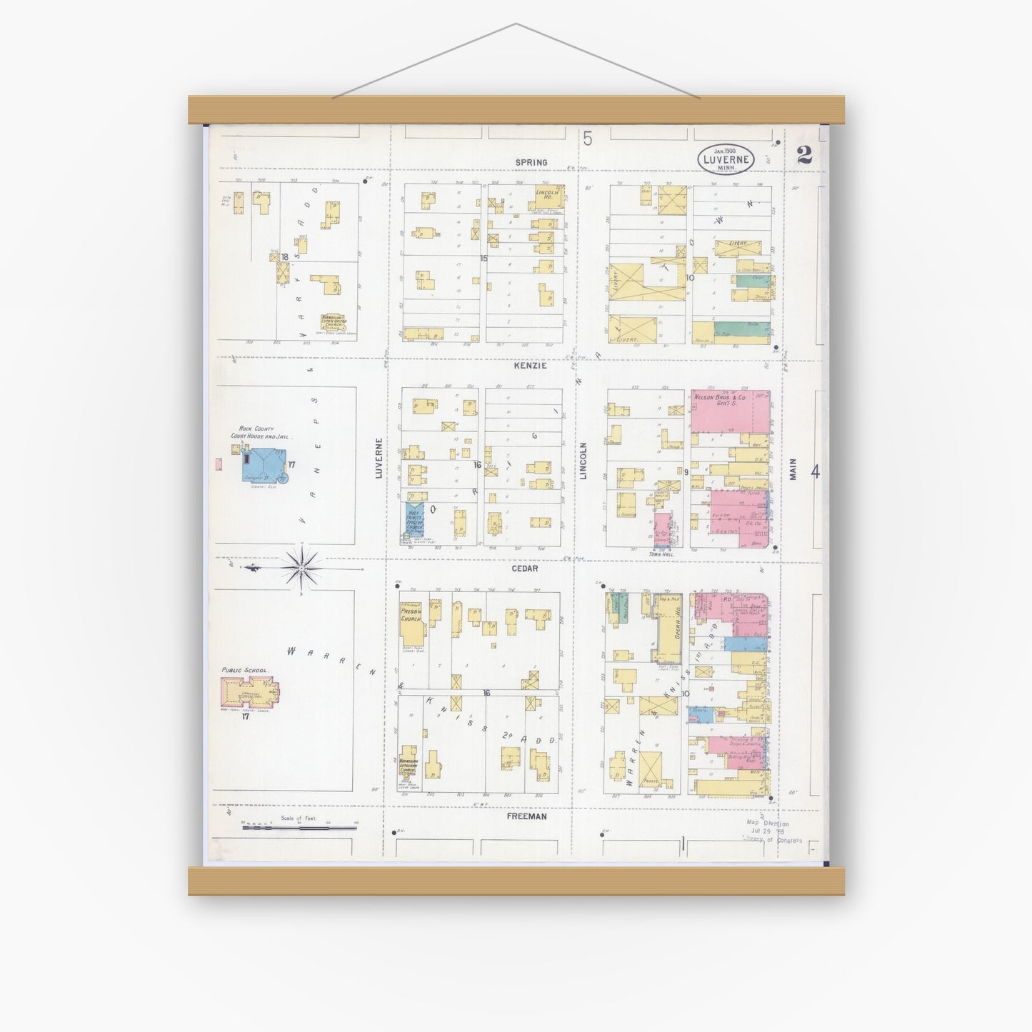 Old map wall art mockup — magnetic wood frame on white wall — Sanborn Fire Insurance Map from Luverne, Rock County, Minnesota (1900), Sheet #0002