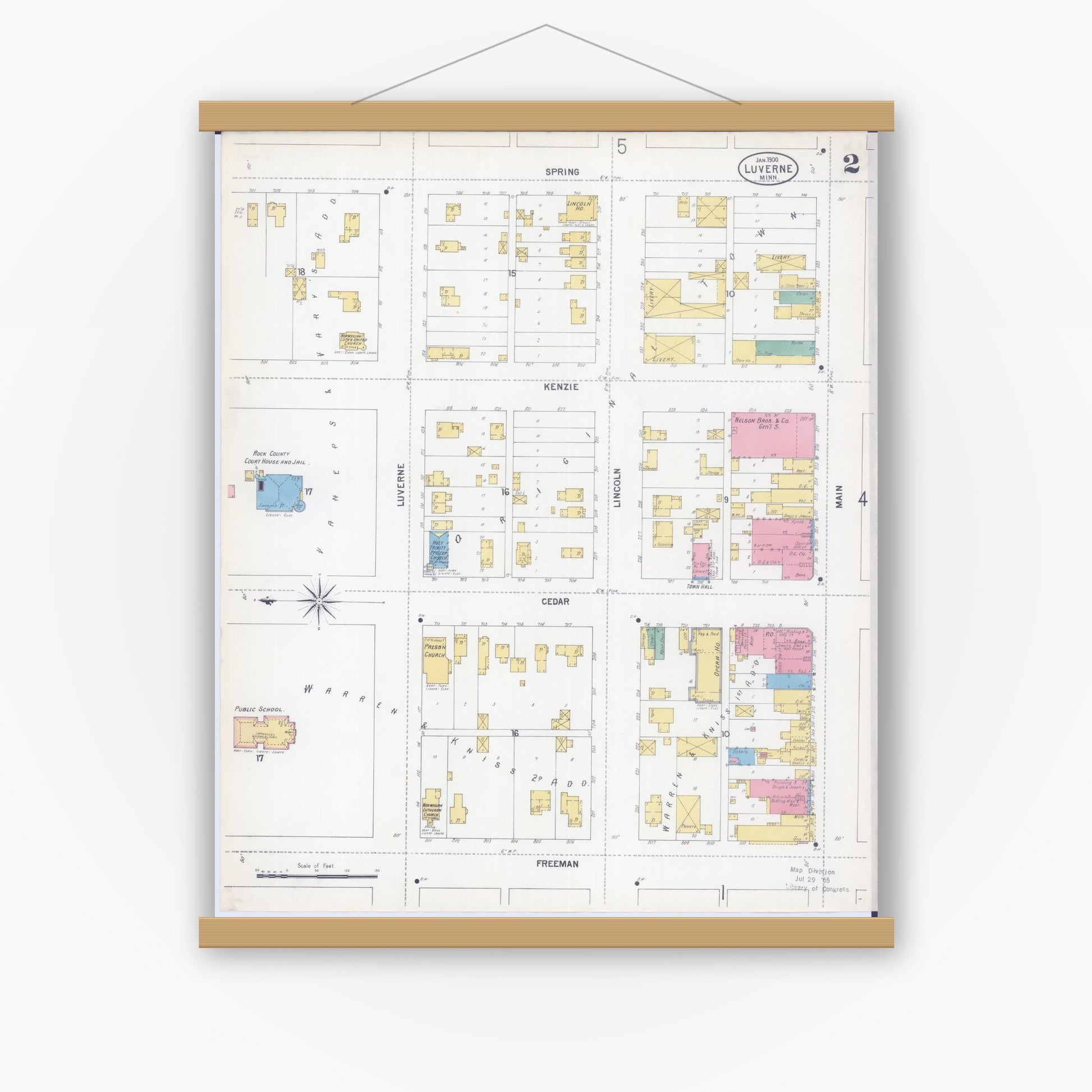 Old map wall art mockup — magnetic wood frame on white wall — Sanborn Fire Insurance Map from Luverne, Rock County, Minnesota (1900), Sheet #0002