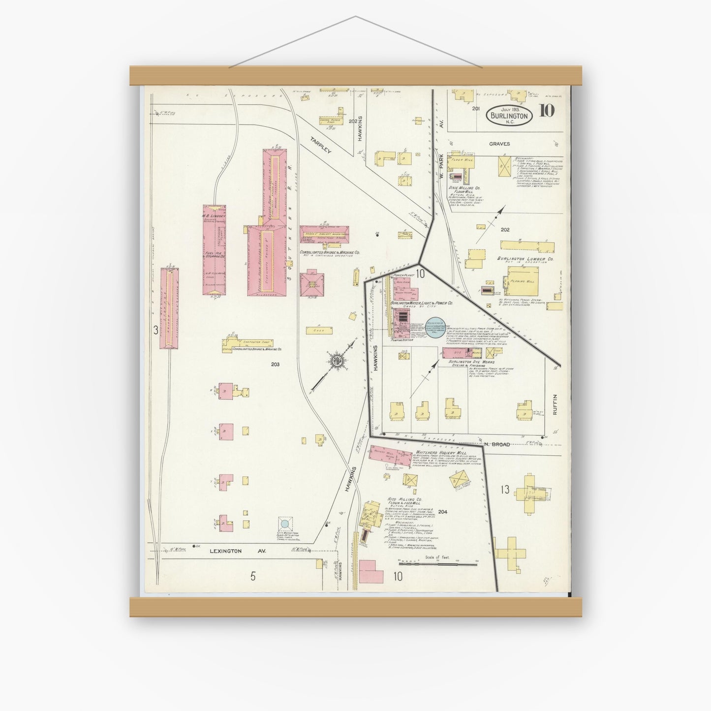 Old map wall art mockup — magnetic wood frame on white wall — Sanborn Fire Insurance Map from Burlington, Alamance County, North Carolina (1913), Sheet #0010