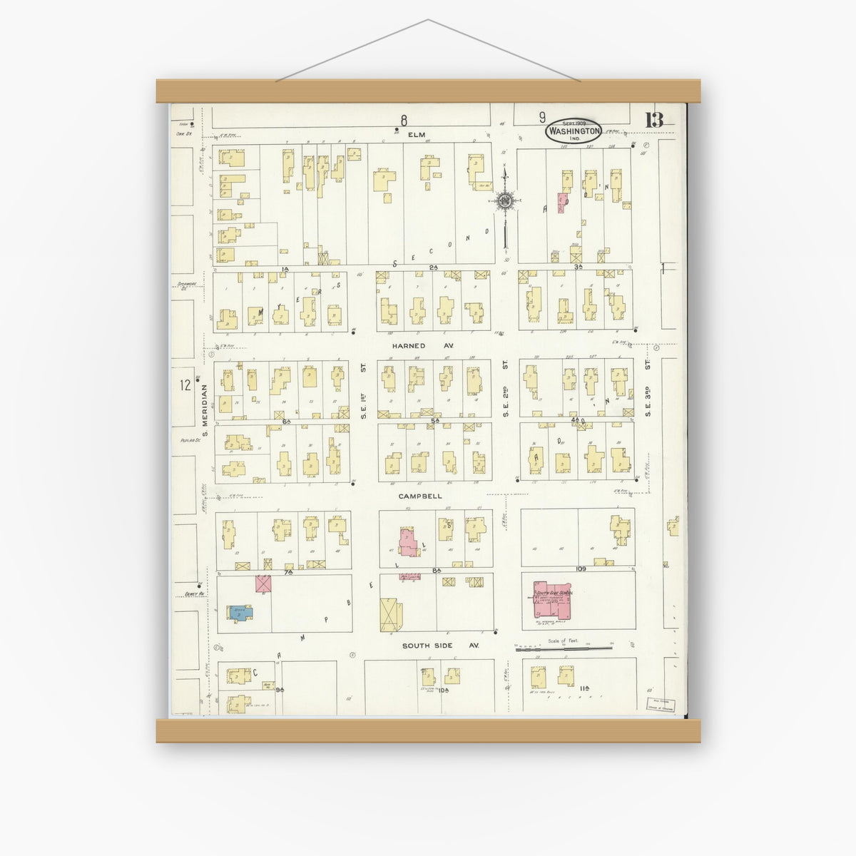 Old map wall art mockup — magnetic wood frame on white wall — Sanborn Fire Insurance Map from Washington, Daviess County, Indiana (1909), Sheet #0013