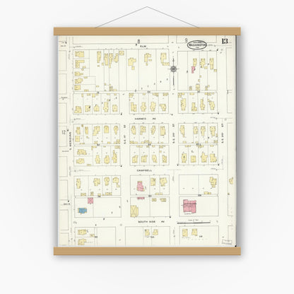 Old map wall art mockup — magnetic wood frame on white wall — Sanborn Fire Insurance Map from Washington, Daviess County, Indiana (1909), Sheet #0013