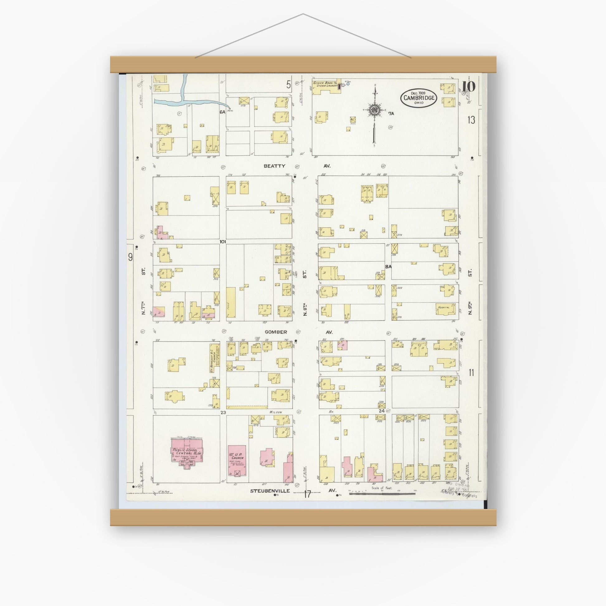 Old map wall art mockup — magnetic wood frame on white wall — Sanborn Fire Insurance Map from Cambridge, Guernsey County, Ohio (1909), Sheet #0010