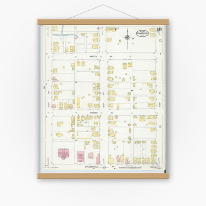 Old map wall art mockup — magnetic wood frame on white wall — Sanborn Fire Insurance Map from Cambridge, Guernsey County, Ohio (1909), Sheet #0010