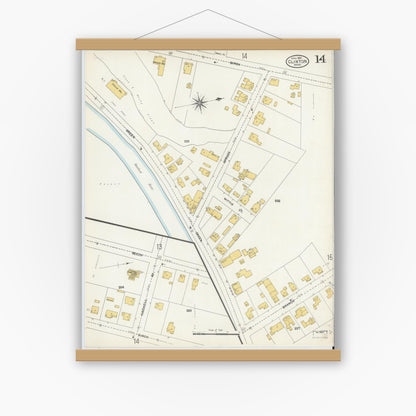 Old map wall art mockup — magnetic wood frame on white wall — Sanborn Fire Insurance Map from Clinton, Worcester County, Massachusetts (1904), Sheet #0014