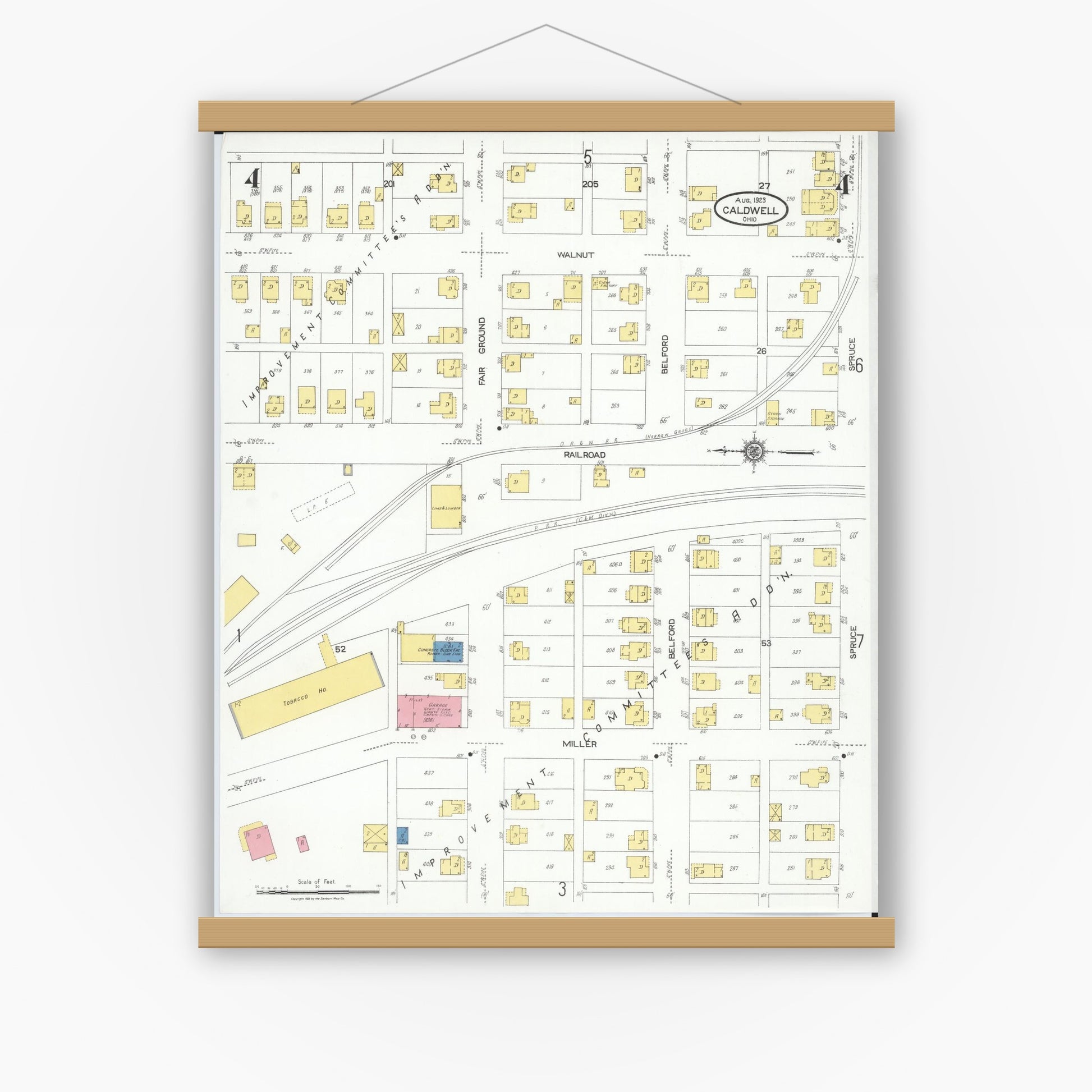 Old map wall art mockup — magnetic wood frame on white wall — Sanborn Fire Insurance Map from Caldwell, Noble County, Ohio (1923), Sheet #0004