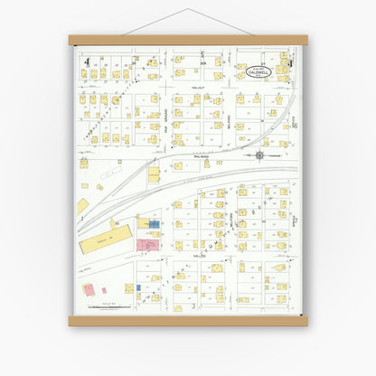 Old map wall art mockup — magnetic wood frame on white wall — Sanborn Fire Insurance Map from Caldwell, Noble County, Ohio (1923), Sheet #0004
