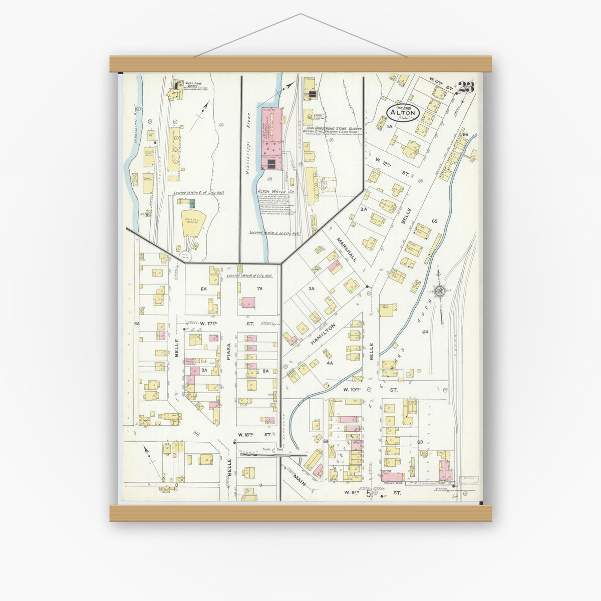 Old map wall art mockup — magnetic wood frame on white wall — Sanborn Fire Insurance Map from Alton, Madison County, Illinois (1909), Sheet #0023