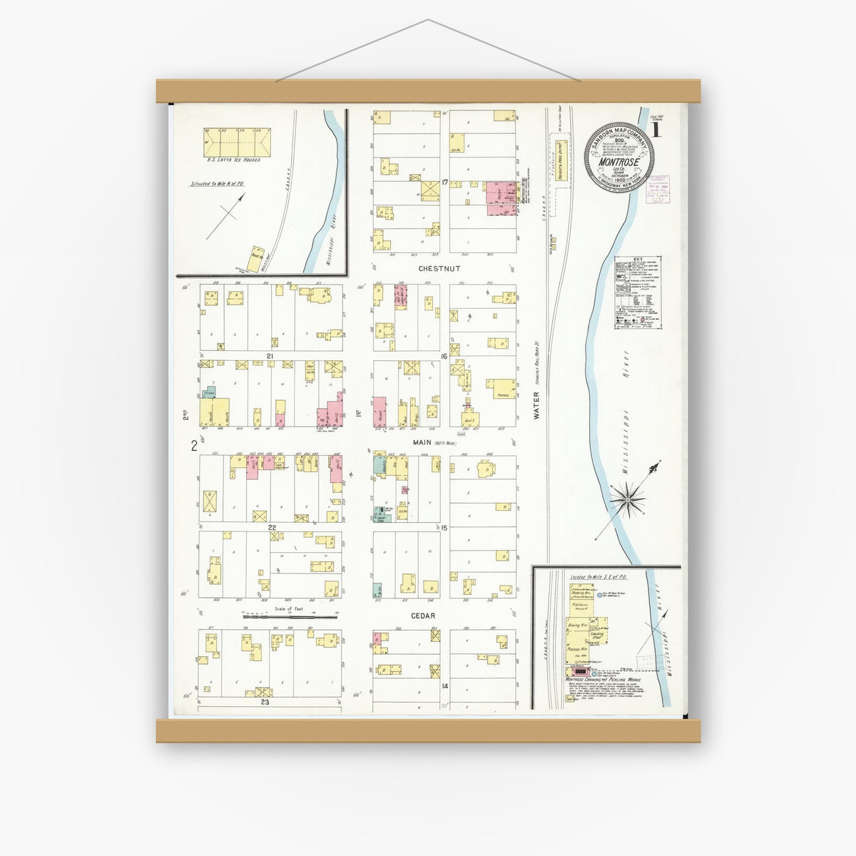Old map wall art mockup — magnetic wood frame on white wall — Sanborn Fire Insurance Map from Montrose, Lee County, Iowa (1902), Sheet #0001