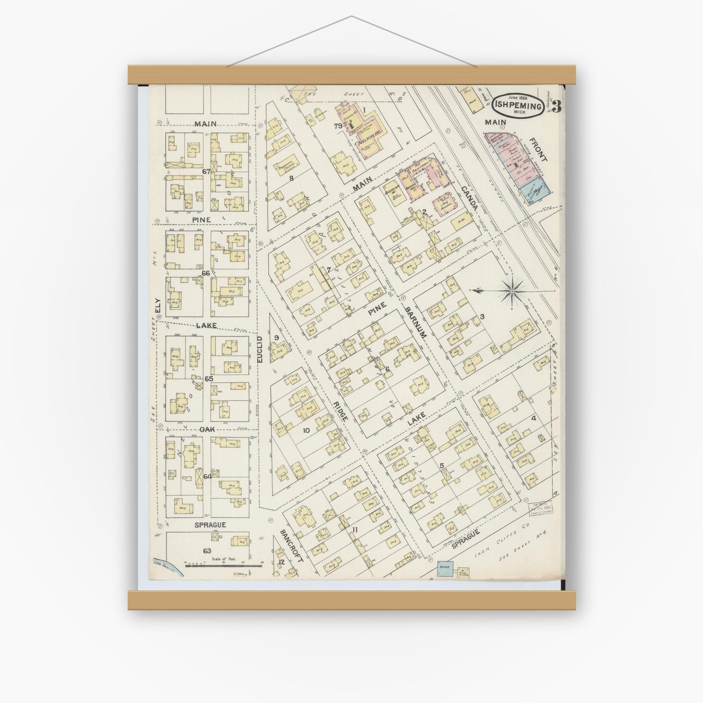Old map wall art mockup — magnetic wood frame on white wall — Sanborn Fire Insurance Map from Ishpeming, Marquette County, Michigan (1888), Sheet #0003
