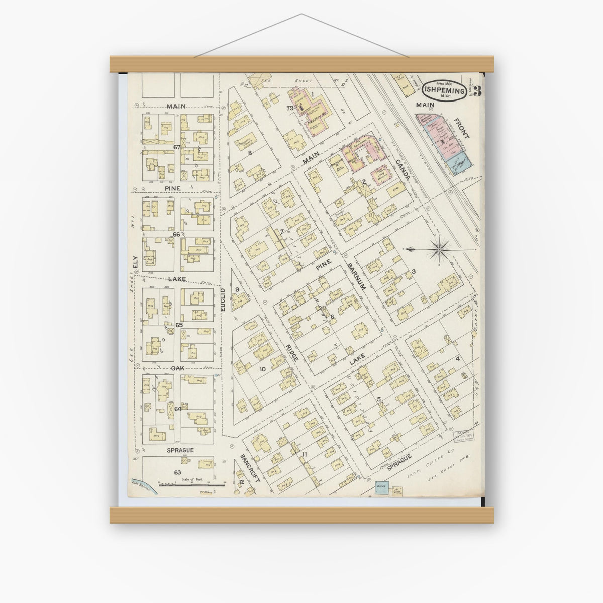 Old map wall art mockup — magnetic wood frame on white wall — Sanborn Fire Insurance Map from Ishpeming, Marquette County, Michigan (1888), Sheet #0003