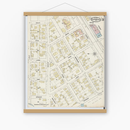 Old map wall art mockup — magnetic wood frame on white wall — Sanborn Fire Insurance Map from Ishpeming, Marquette County, Michigan (1888), Sheet #0003