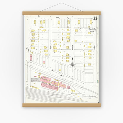 Old map wall art mockup — magnetic wood frame on white wall — Sanborn Fire Insurance Map from Ottumwa, Wapello County, Iowa (1902), Sheet #0022