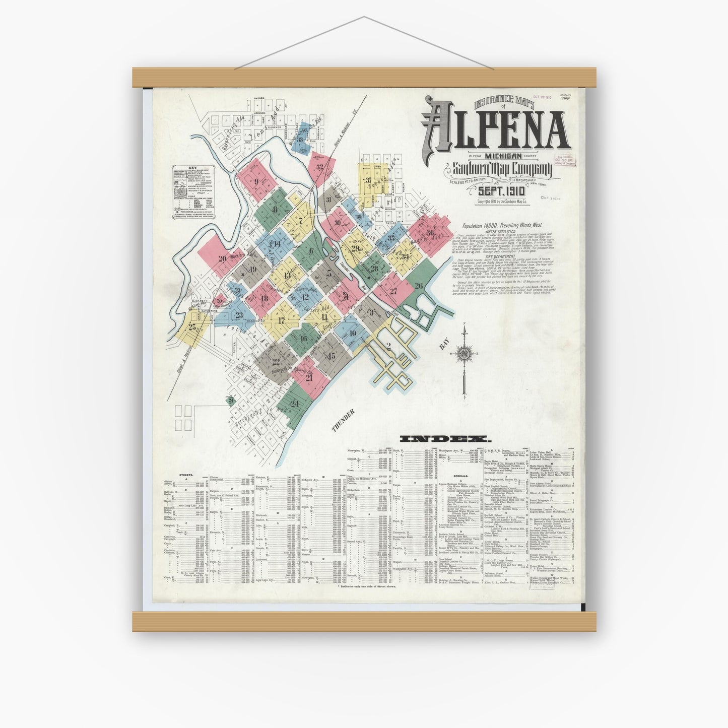 Old map wall art mockup — magnetic wood frame on white wall — Sanborn Fire Insurance Map from Alpena, Alpena County, Michigan (1910), Sheet #0001