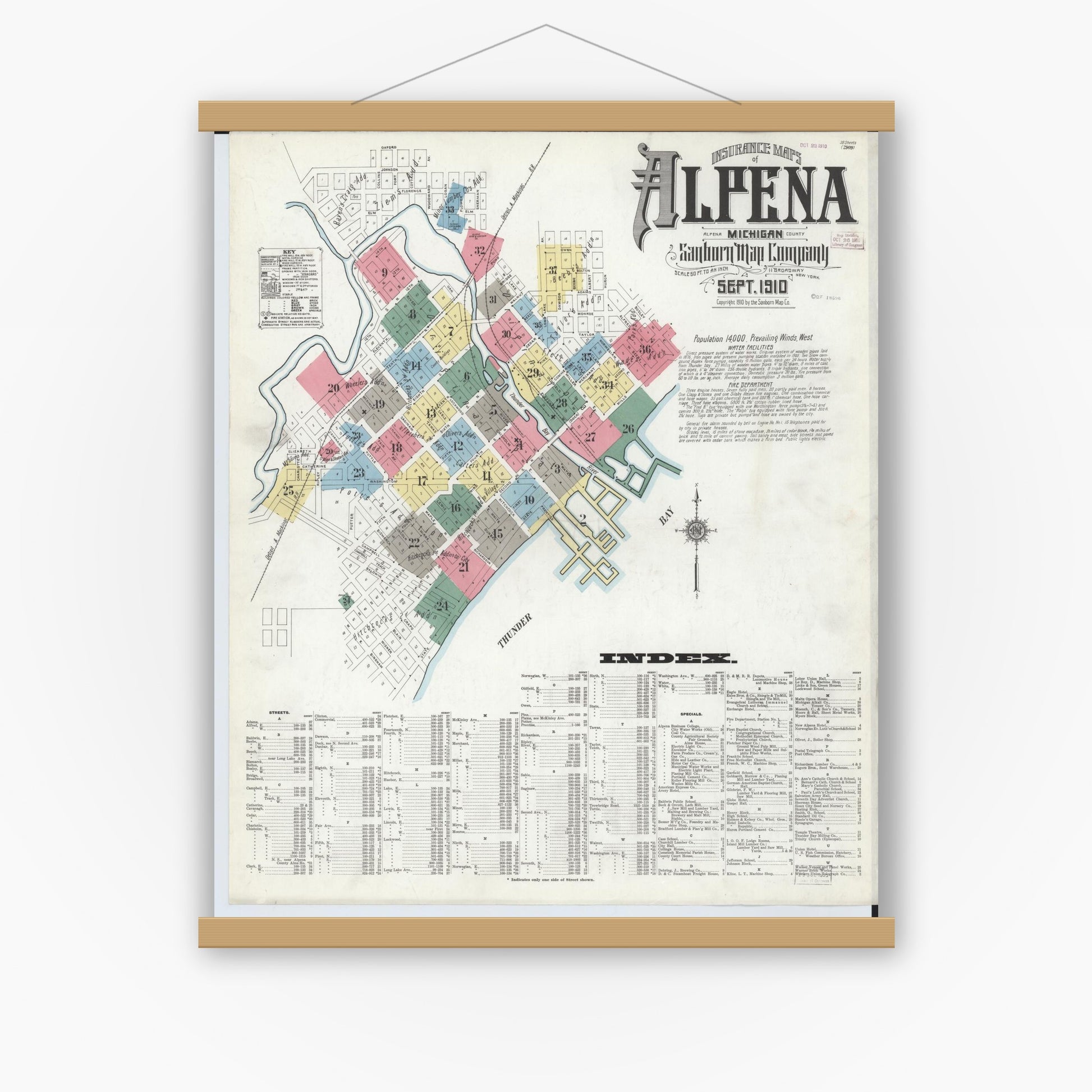 Old map wall art mockup — magnetic wood frame on white wall — Sanborn Fire Insurance Map from Alpena, Alpena County, Michigan (1910), Sheet #0001