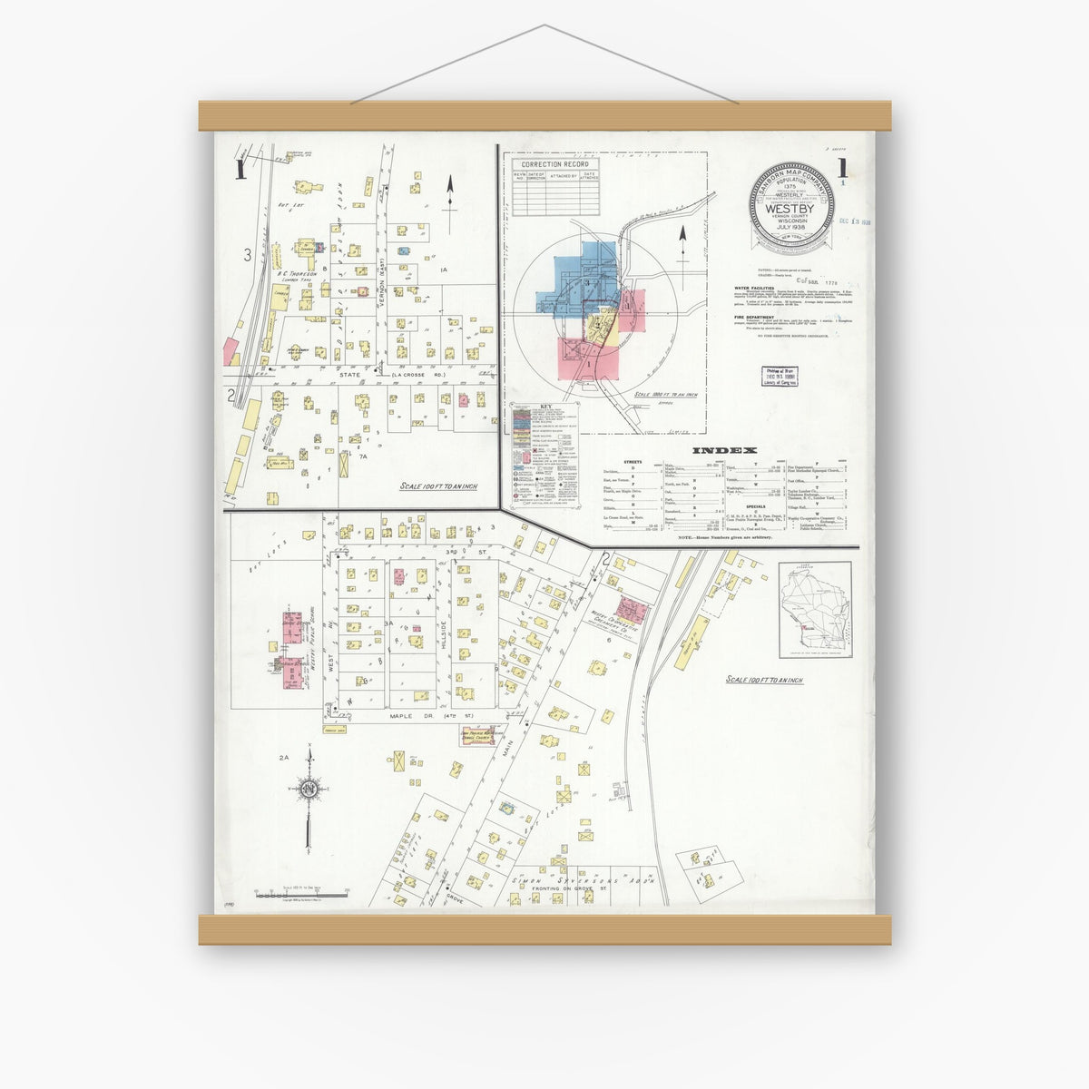 Old map wall art mockup — magnetic wood frame on white wall — Sanborn Fire Insurance Map from Westby, Vernon County, Wisconsin (1938) - Complete Map Set