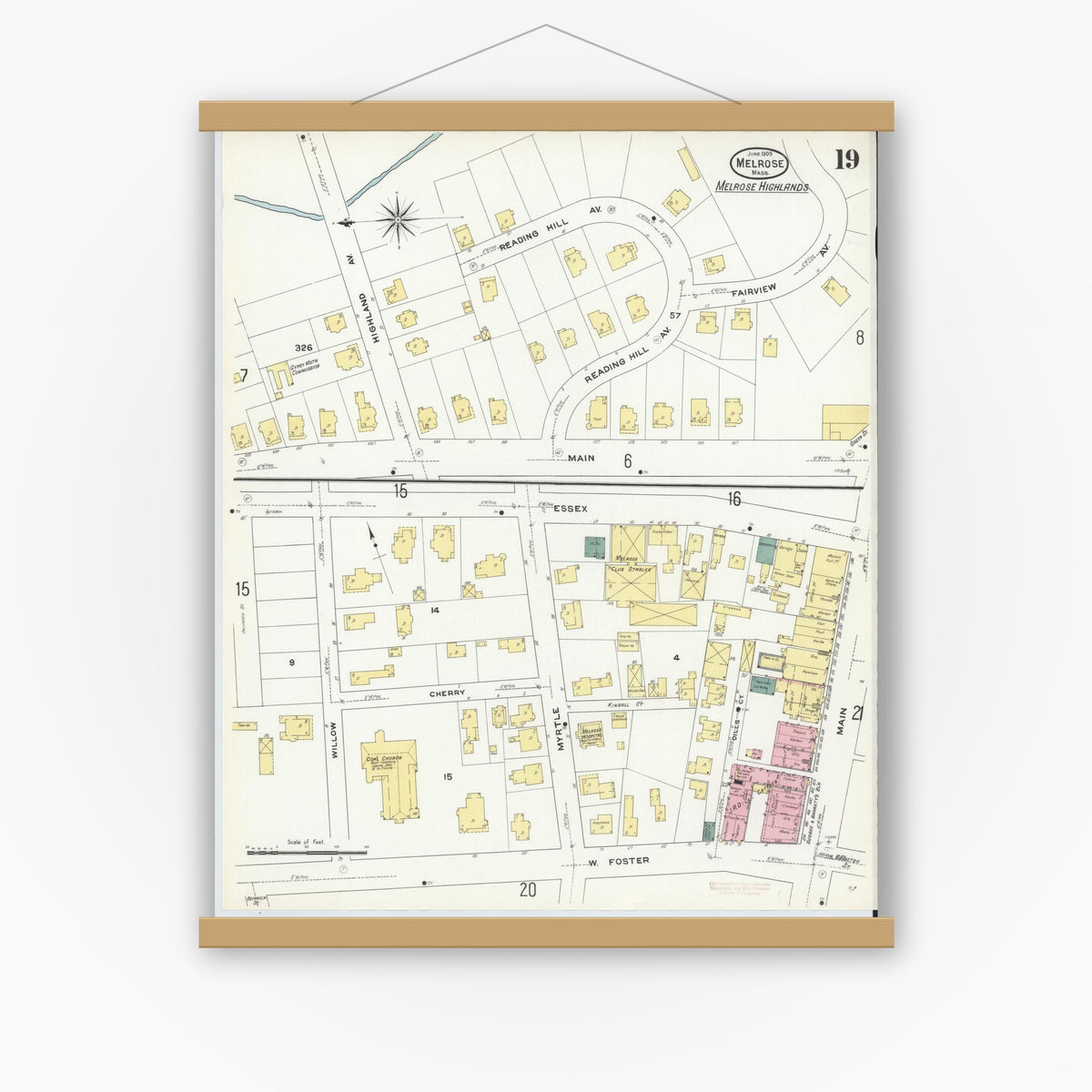 Old map wall art mockup — magnetic wood frame on white wall — Sanborn Fire Insurance Map from Melrose, Middlesex County, Massachusetts (1909), Sheet #0019