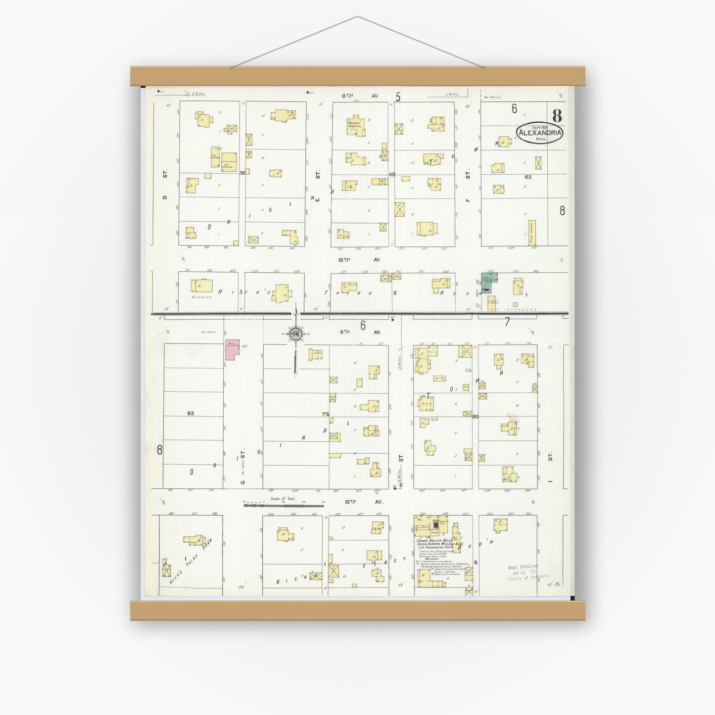 Old map wall art mockup — magnetic wood frame on white wall — Sanborn Fire Insurance Map from Alexandria, Douglas County, Minnesota (1909), Sheet #0008
