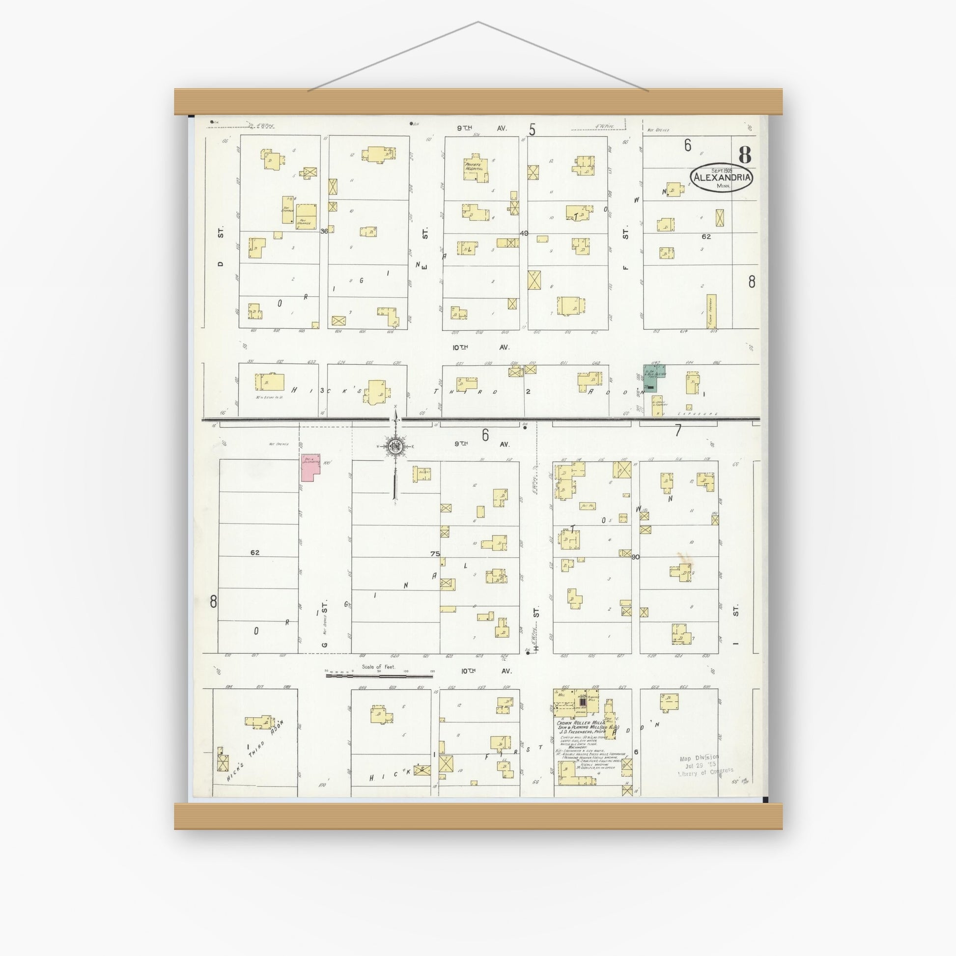 Old map wall art mockup — magnetic wood frame on white wall — Sanborn Fire Insurance Map from Alexandria, Douglas County, Minnesota (1909), Sheet #0008