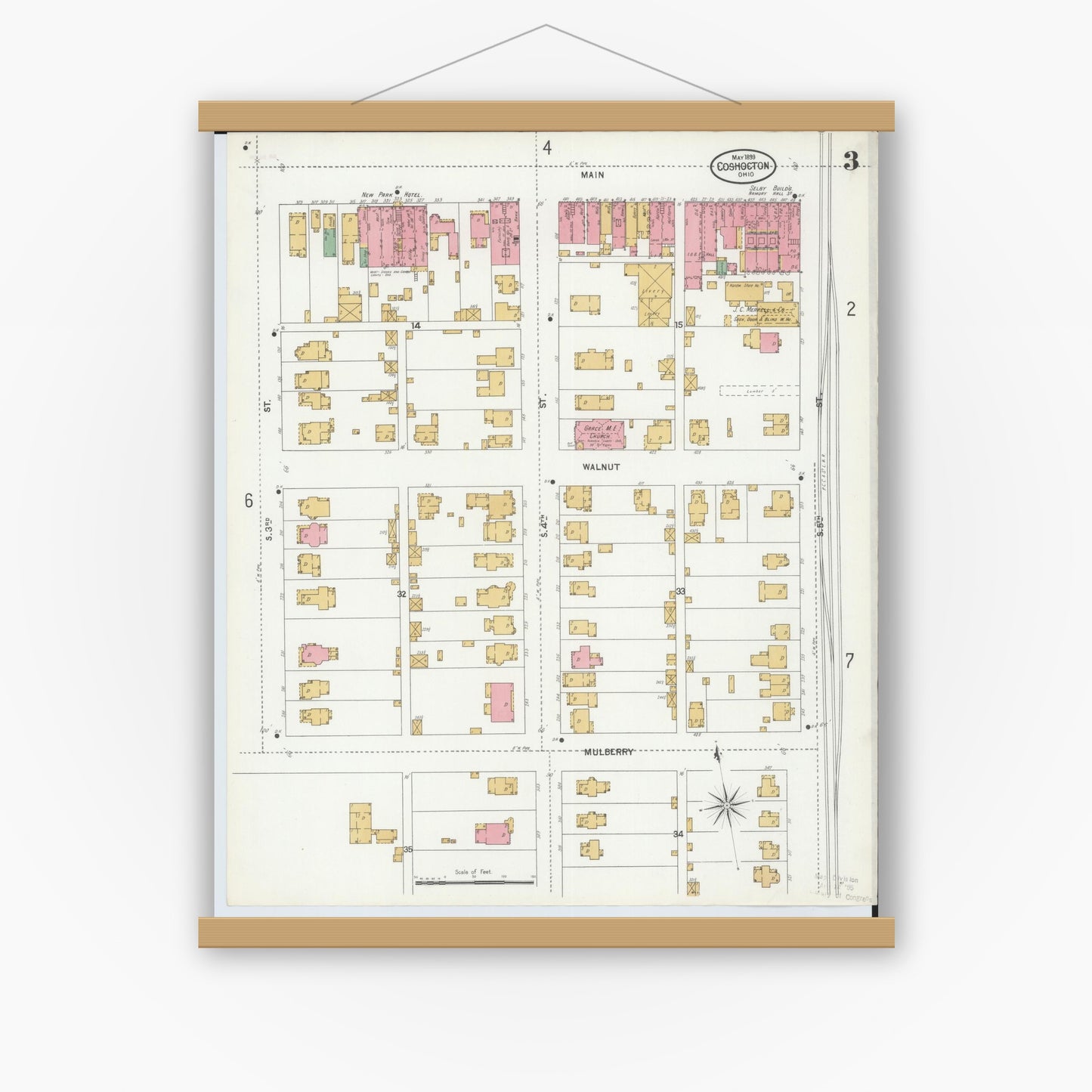 Old map wall art mockup — magnetic wood frame on white wall — Sanborn Fire Insurance Map from Coshocton, Coshocton County, Ohio (1899), Sheet #0003