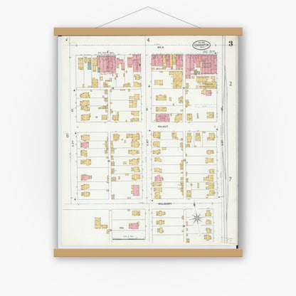 Old map wall art mockup — magnetic wood frame on white wall — Sanborn Fire Insurance Map from Coshocton, Coshocton County, Ohio (1899), Sheet #0003